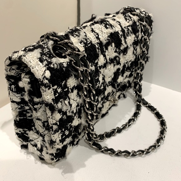 CHANEL 🖤 RARE Black White Tweed Sequins Houndstooth Quilted 2.55 Double Flap Bag - Picture 12 of 16